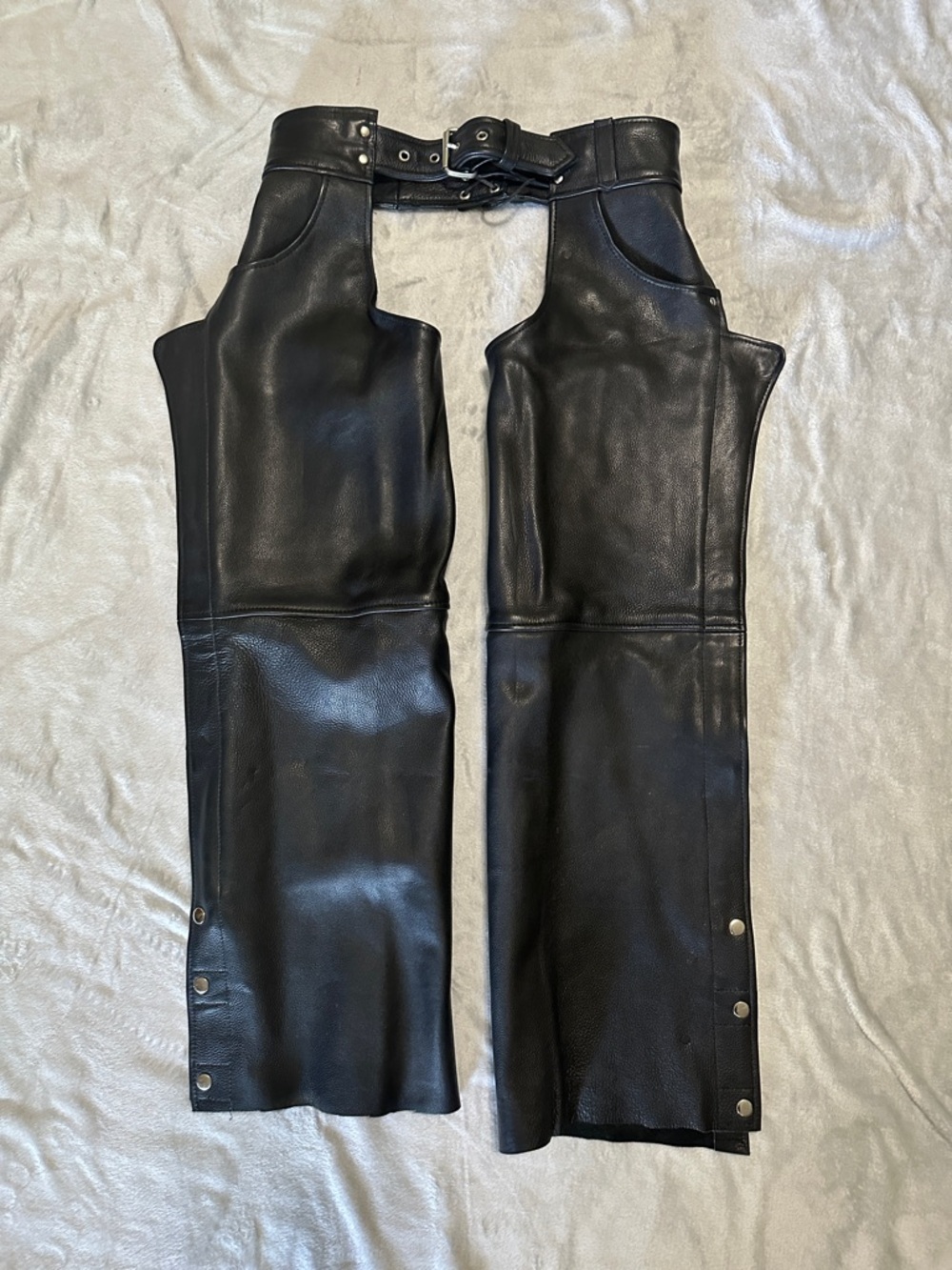 Black Leather Wide-Leg Chaps Pants with Buckle Waist